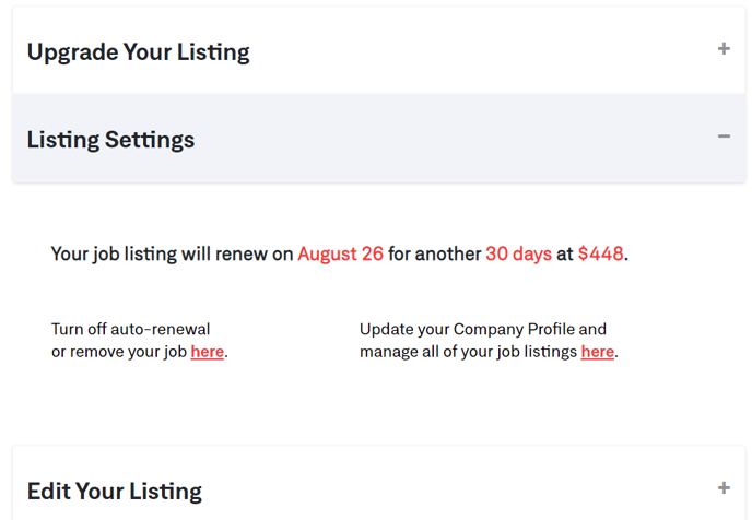 listing settings in edit job listing